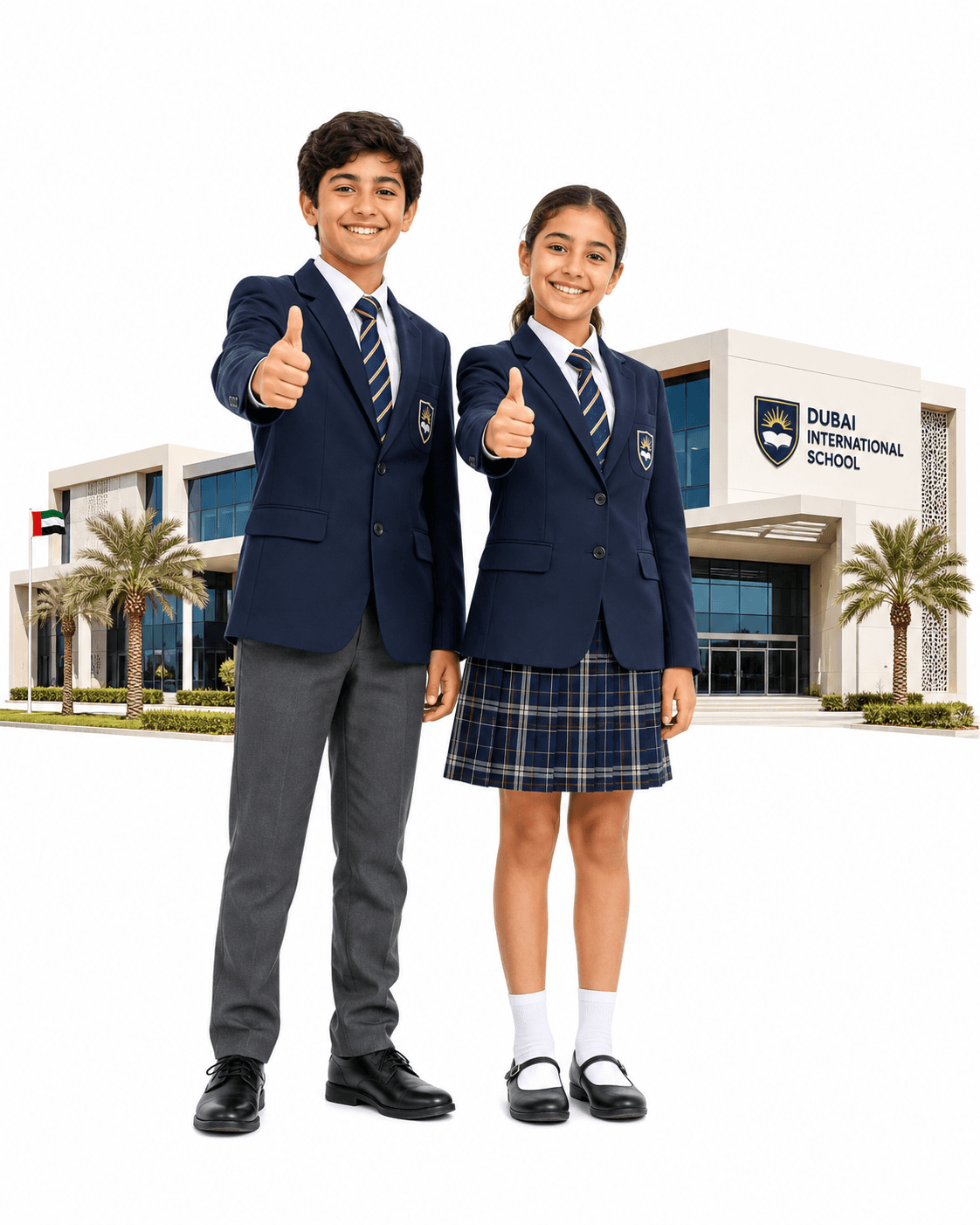 Two students in school uniform giving a thumbs up outside a school in the UAE